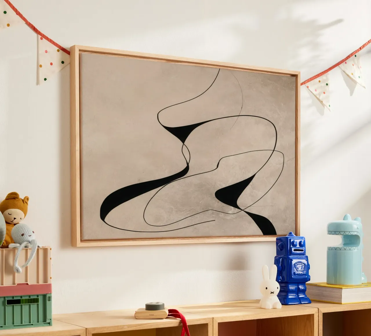 Abstract Minimalist Line Composition on Beige Background canvas with Floater frame by Artbyvo