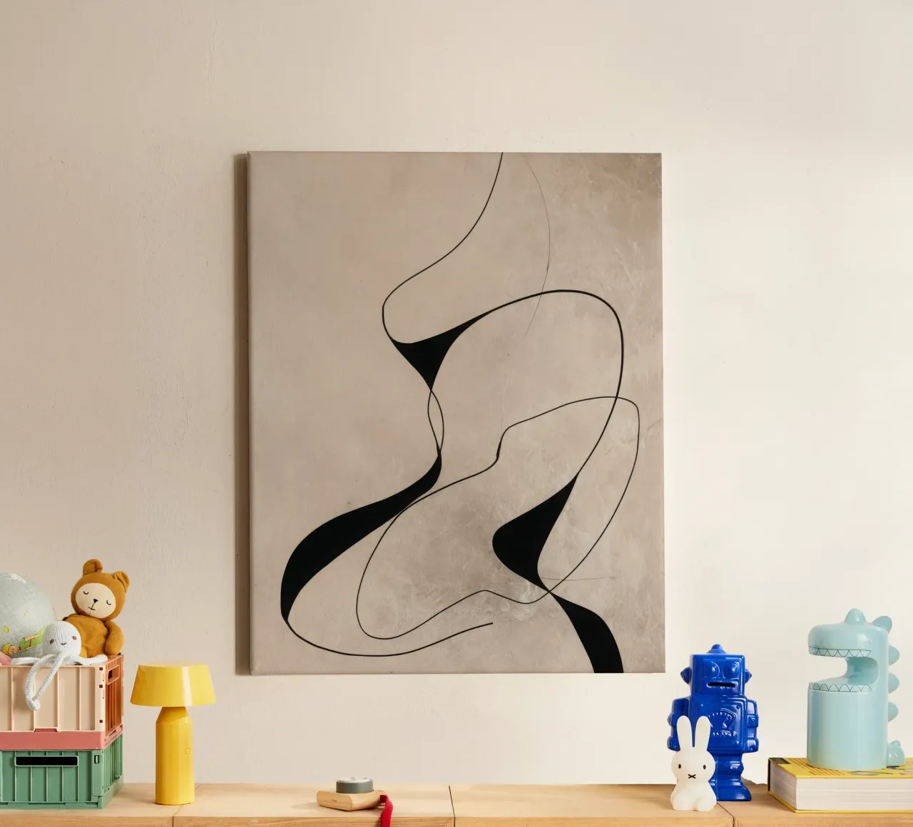 Abstract Minimalist Line Composition on Beige Background canvas with Floater frame by Artbyvo
