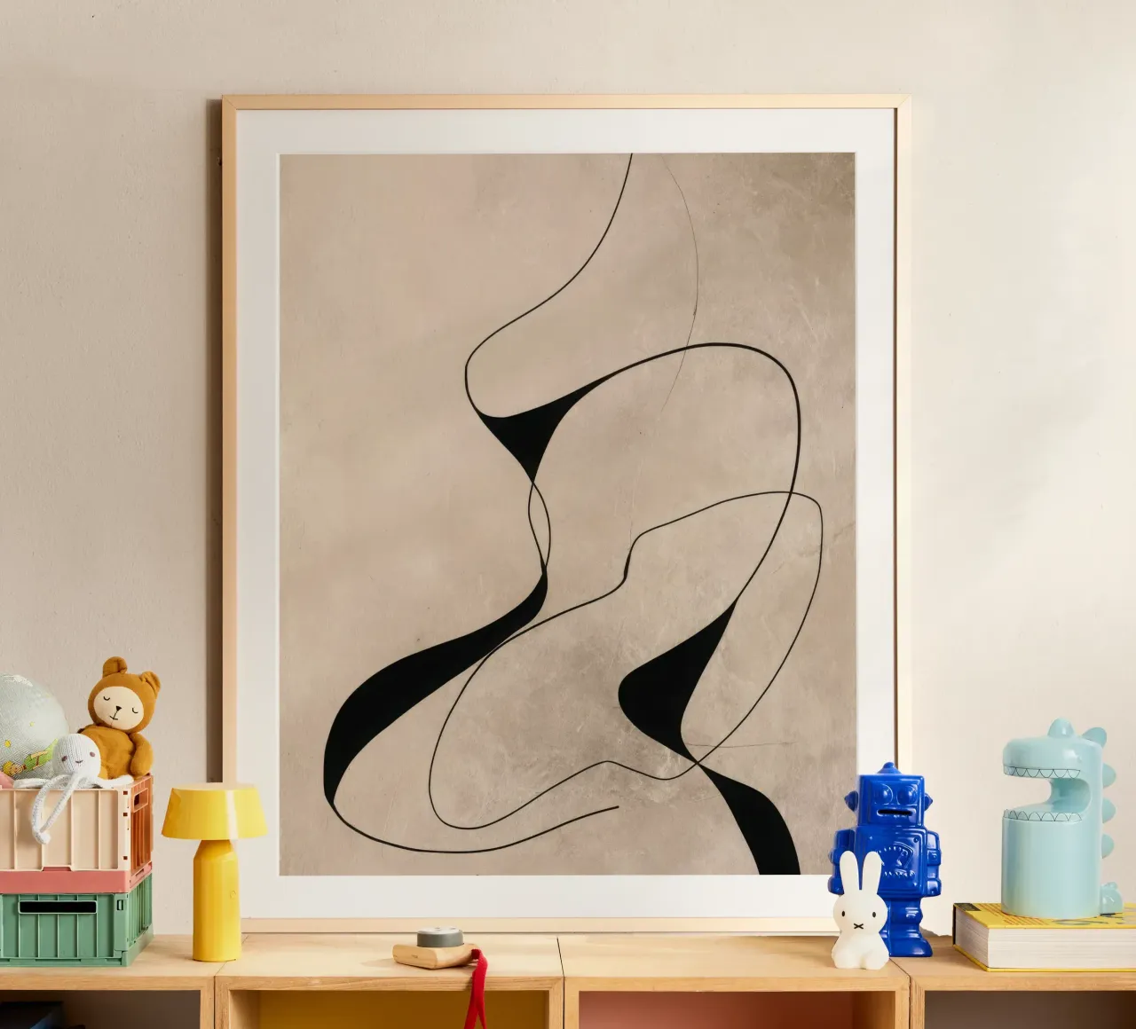 Abstract Minimalist Line Composition on Beige Background poster by Artbyvo