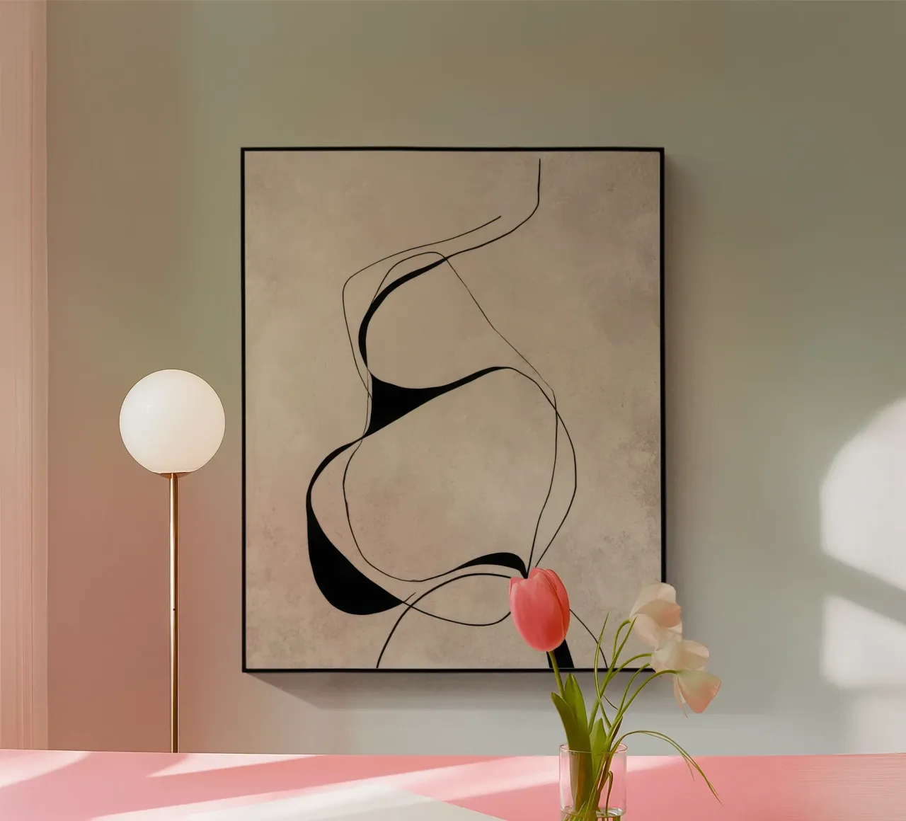 Linee nere astratte e minimaliste su tela neutra plexiglass da Artbyvo