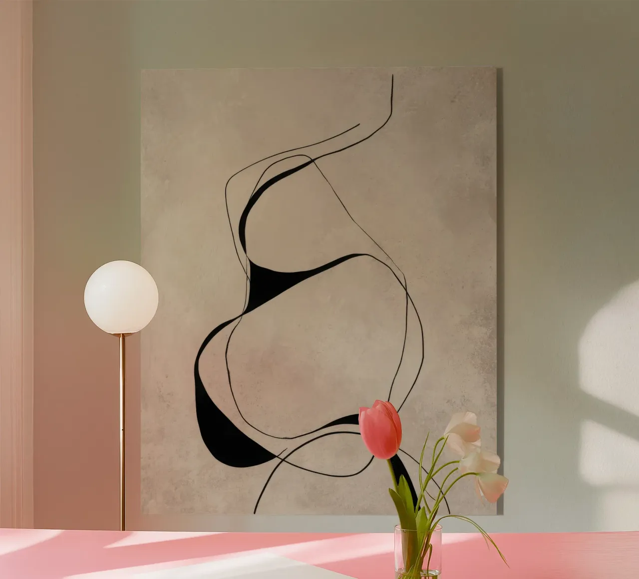 Linee nere astratte e minimaliste su tela neutra plexiglass da Artbyvo