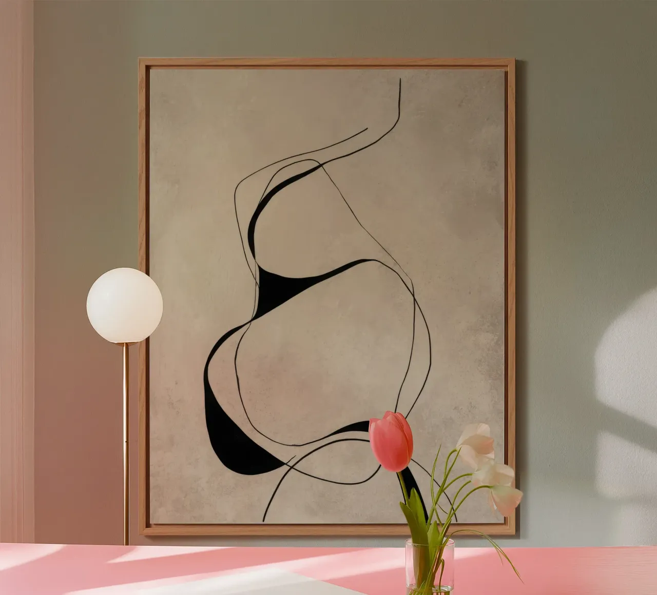 Linee nere astratte e minimaliste su tela neutra alluminio dibond da Artbyvo