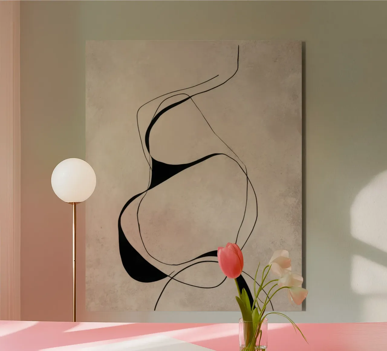 Linee nere astratte e minimaliste su tela neutra alluminio dibond da Artbyvo