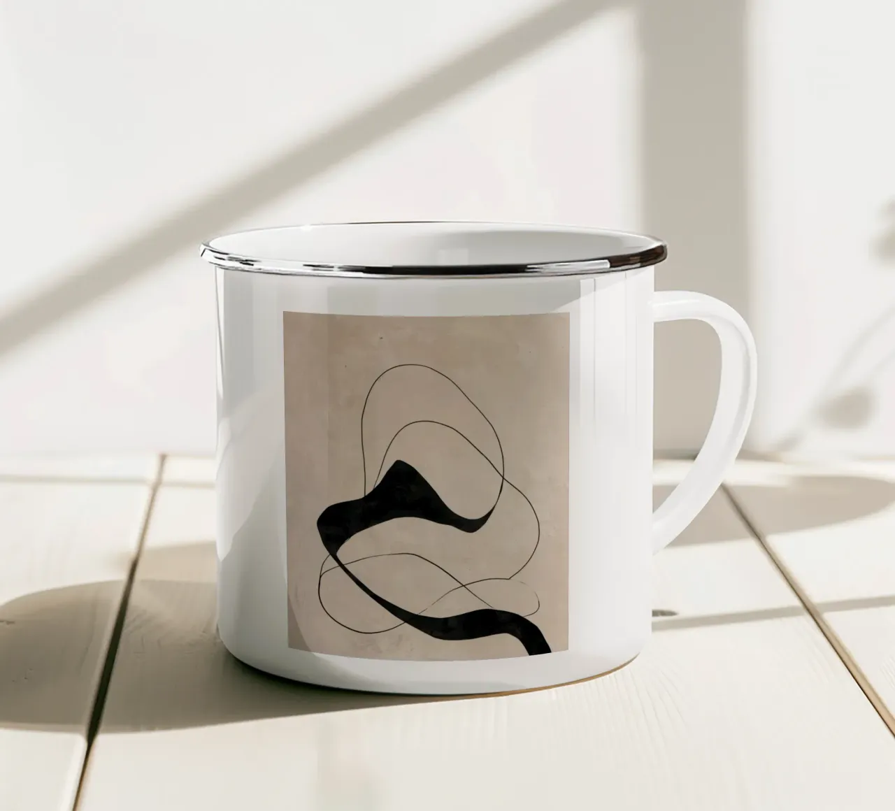 Minimalist Abstract Flowing Lines on Beige Canvas enamel mug by Artbyvo