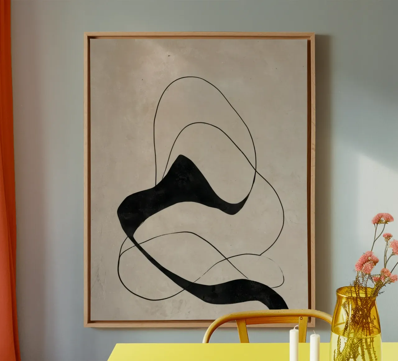 Minimalist Abstract Flowing Lines on Beige Canvas canvas with Floater frame by Artbyvo