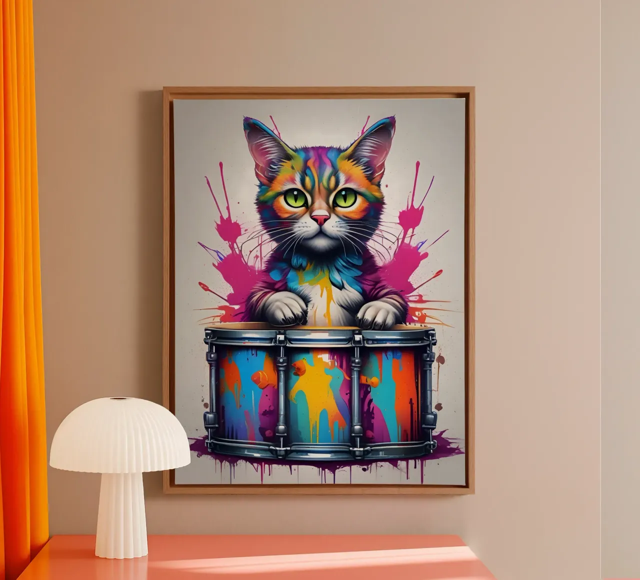 Cat and big drum canvas with Floater frame by MakArena