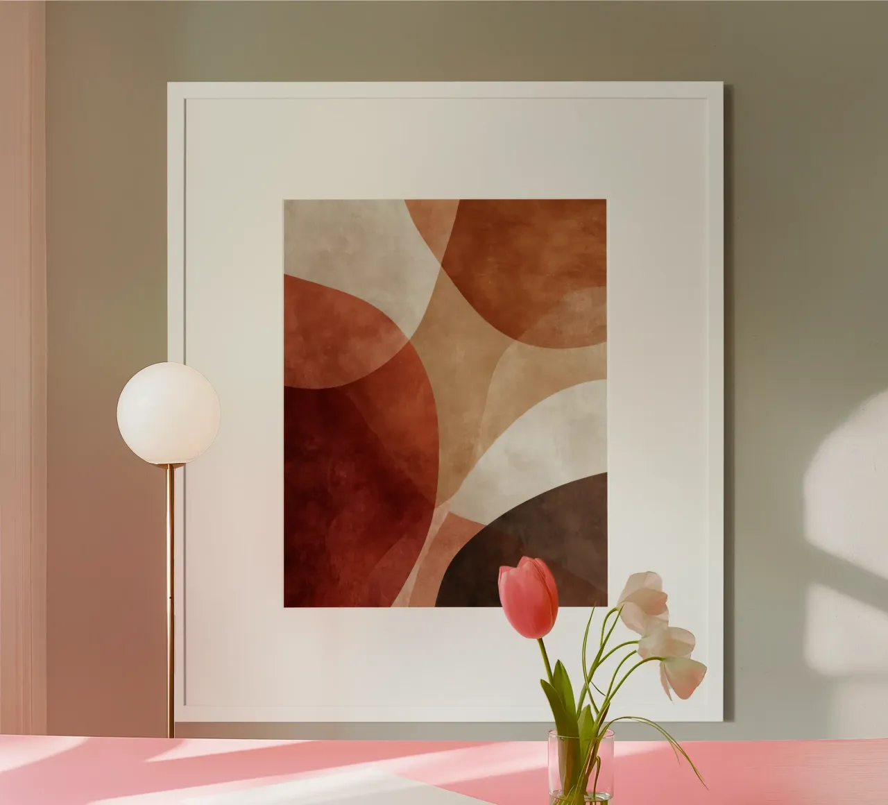 Art abstrait géométrique dans des tons chauds de terre cuite poster avec cadre en plastique de Artbyvo