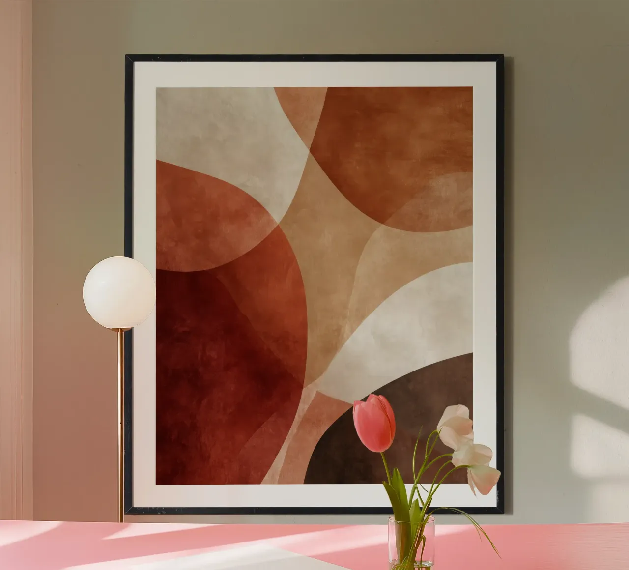 Art abstrait géométrique dans des tons chauds de terre cuite poster avec cadre en plastique de Artbyvo