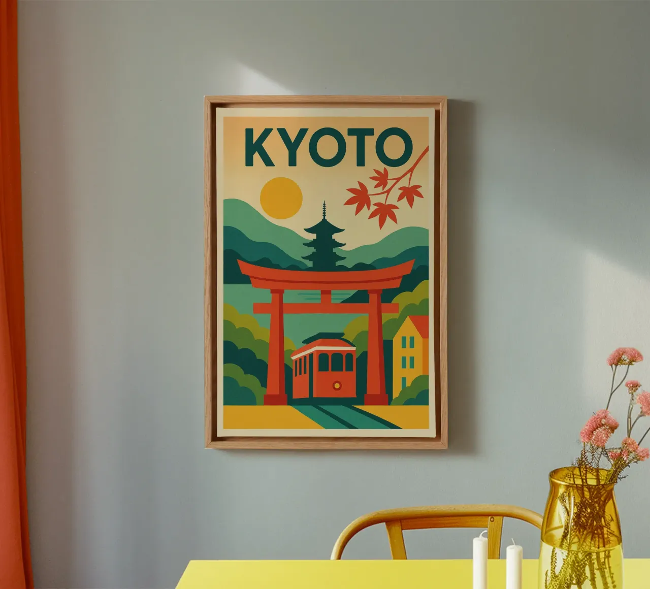 Kyoto poster - Retro poster of the Torii, pagoda and maple trees canvas with Floater frame by JETLAG | affiches voyage
