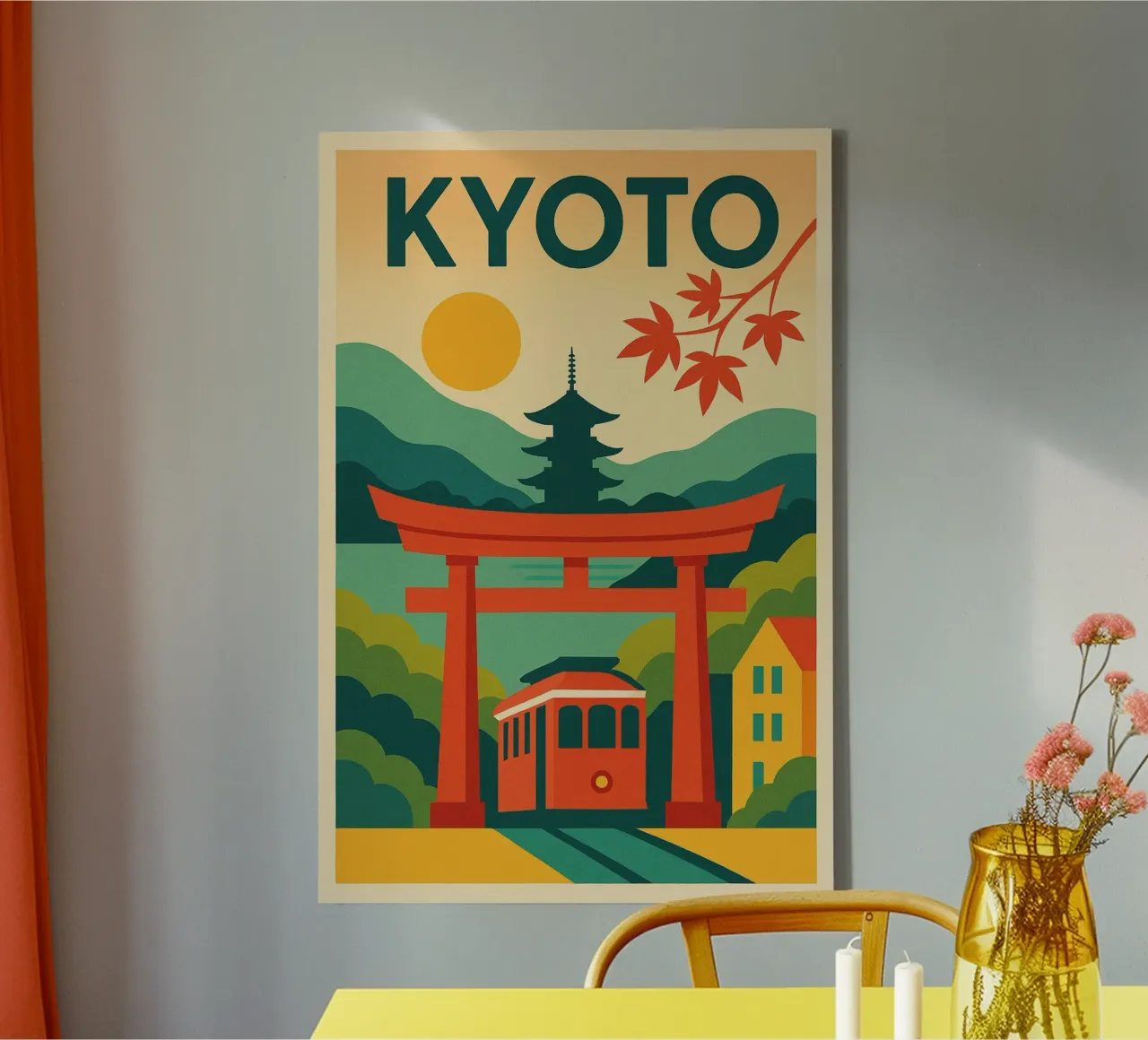 Kyoto poster - Retro poster of the Torii, pagoda and maple trees canvas with Floater frame by JETLAG | affiches voyage