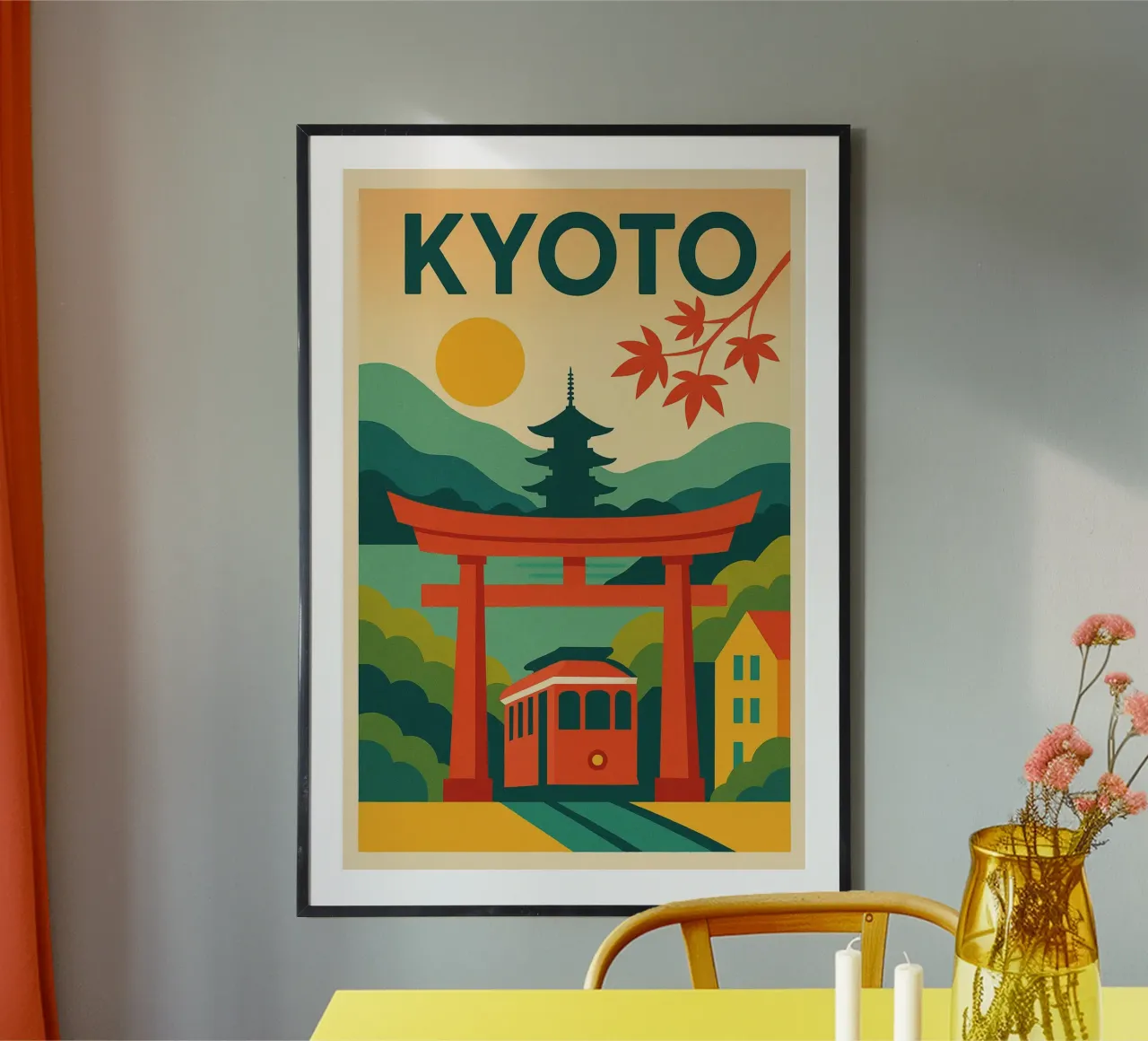 Poster di Kyoto - Poster retrò del Torii, della pagoda e degli alberi di acero poster con telaio in plastica da JETLAG | affiches voyage