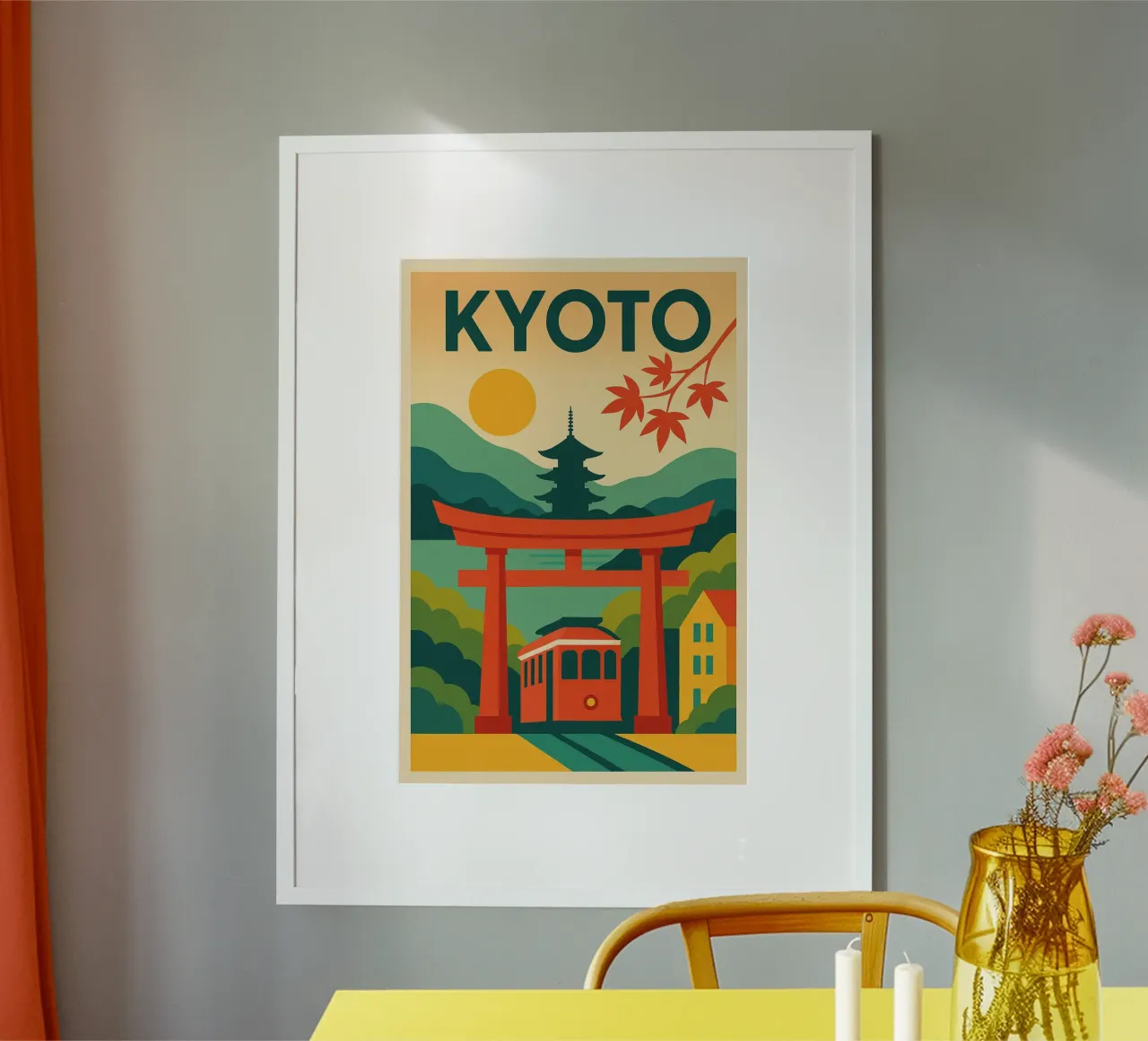 Poster di Kyoto - Poster retrò del Torii, della pagoda e degli alberi di acero poster con telaio in plastica da JETLAG | affiches voyage