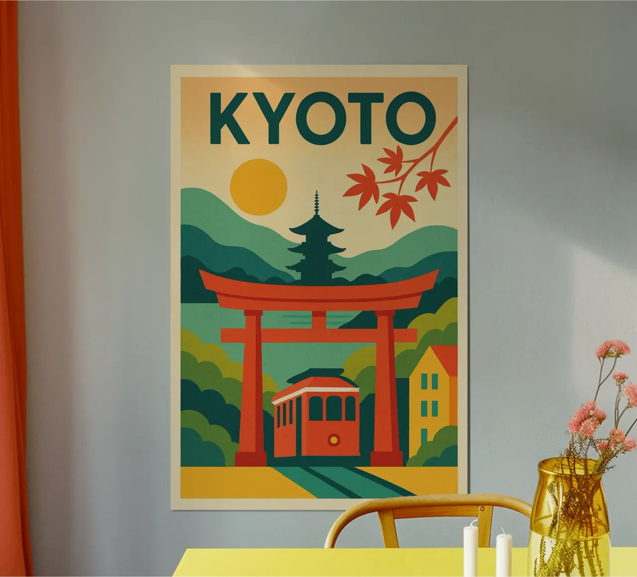 Poster di Kyoto - Poster retrò del Torii, della pagoda e degli alberi di acero poster con telaio in plastica da JETLAG | affiches voyage
