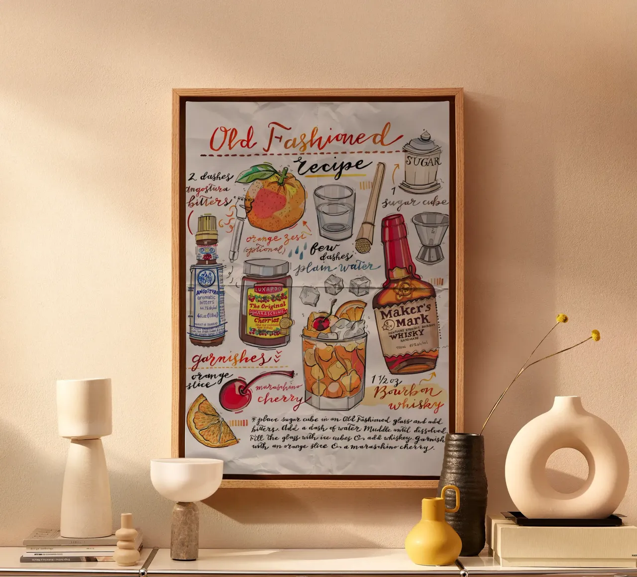 Old Fashioned cocktail, canvas met Baklijst van Type & Tape