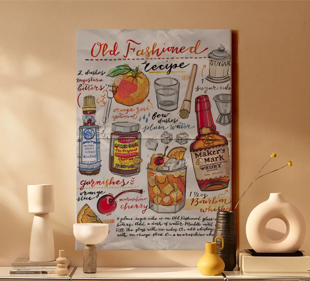 Old Fashioned cocktail, canvas met Baklijst van Type & Tape