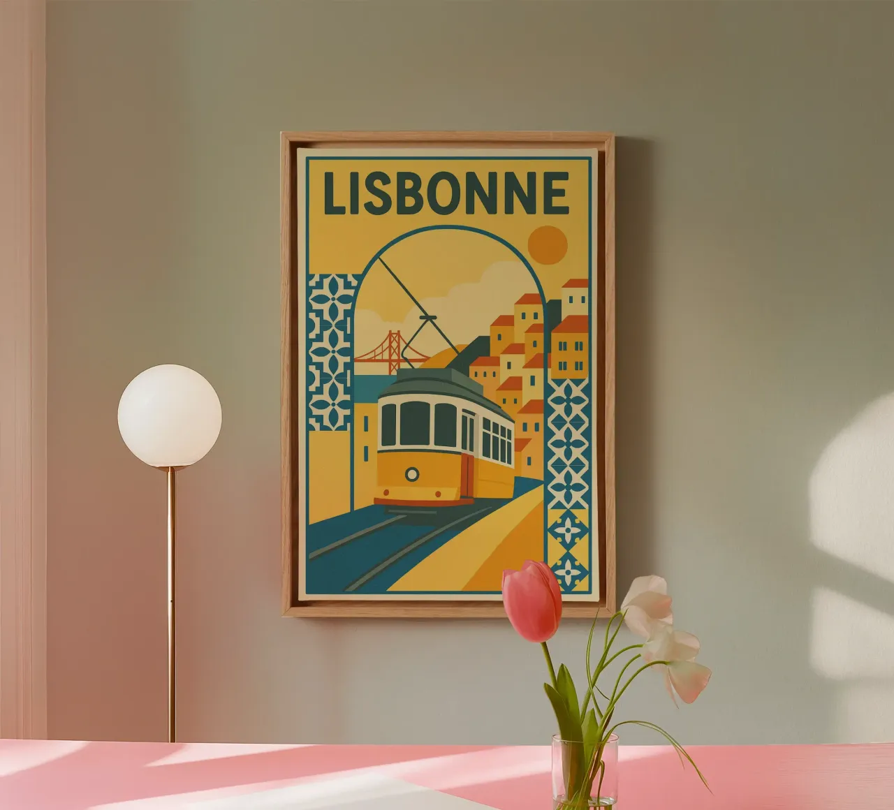Poster di Lisbona - Poster di tram d'epoca e azulejos tela con Cornice a cassetta da JETLAG | affiches voyage