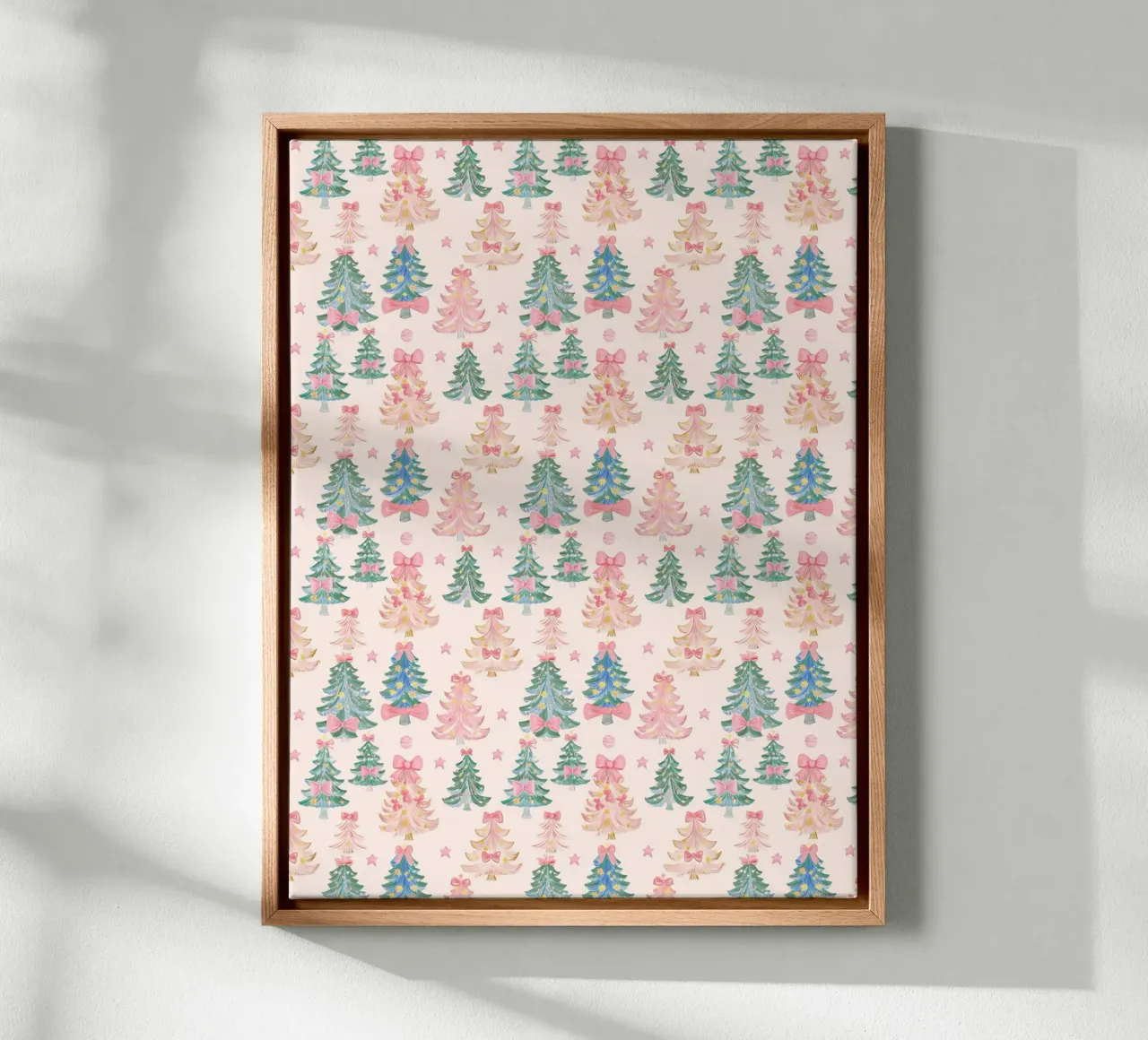 Vintage Pink Christmas Trees with Coquette Bows Boho Art canvas with Floater frame by Gentle Echoes Art