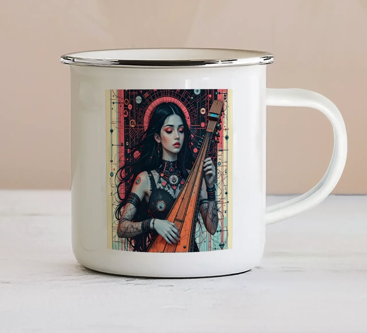 Donna e liuto tazza in smalto da Massimo Frascogna