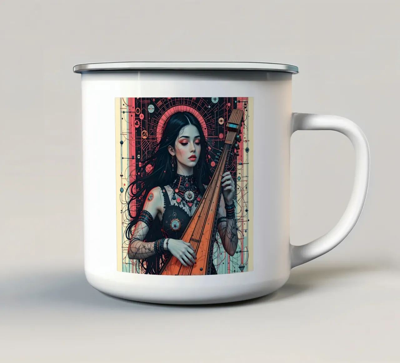 Donna e liuto tazza in smalto da Massimo Frascogna