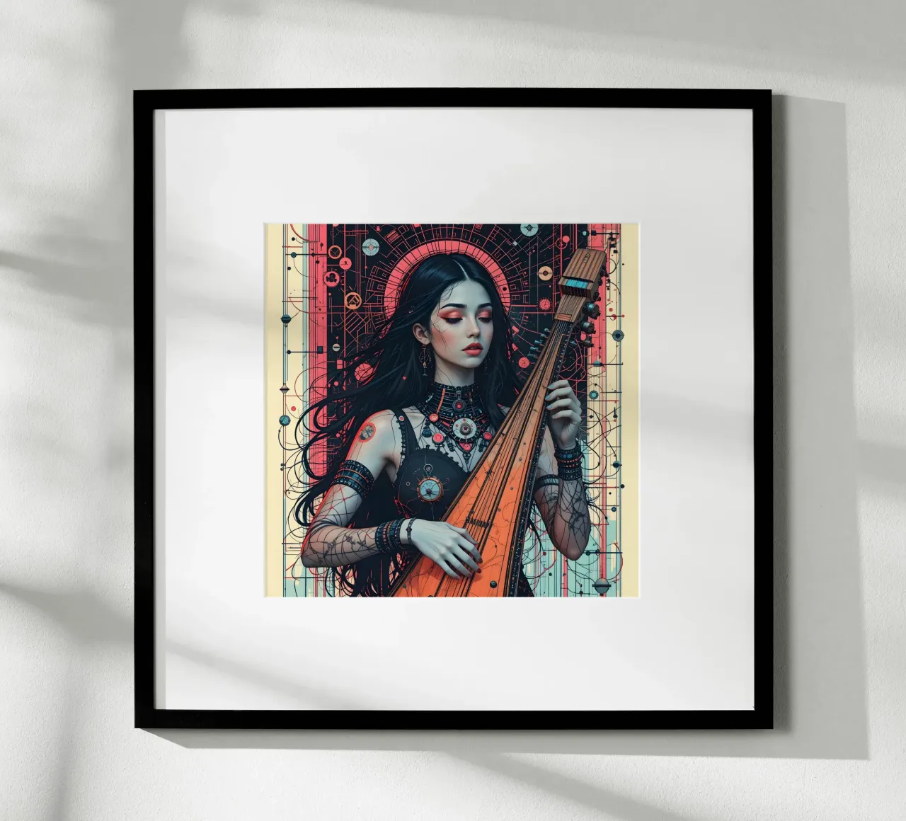 Donna e liuto poster con telaio in plastica da Massimo Frascogna