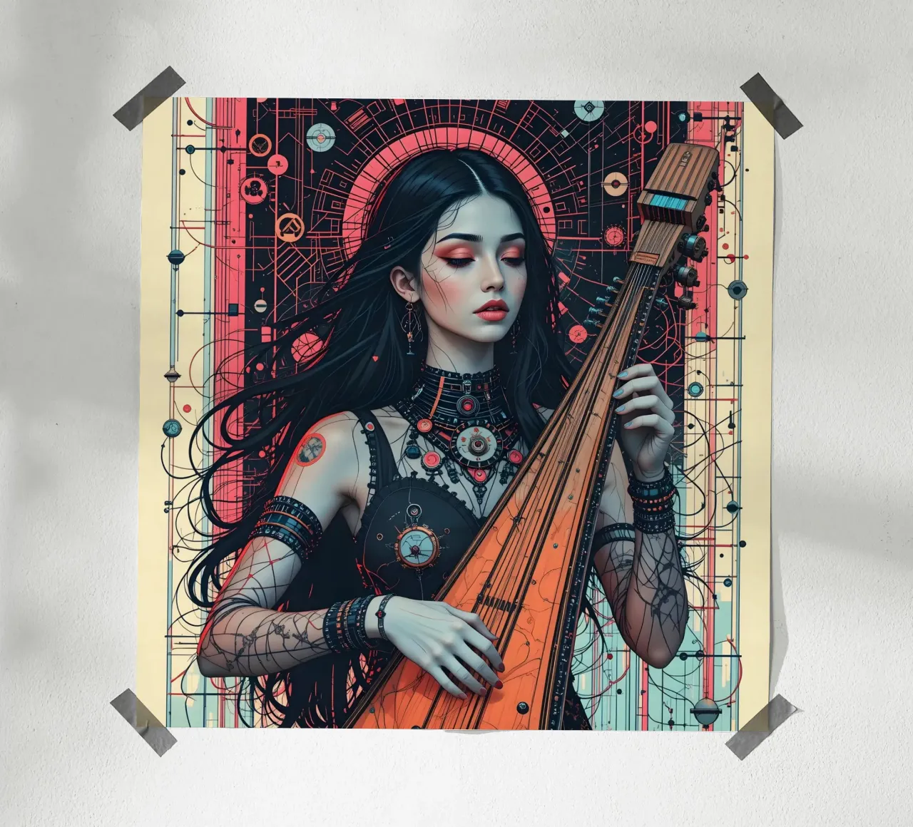 Donna e liuto poster con telaio in plastica da Massimo Frascogna