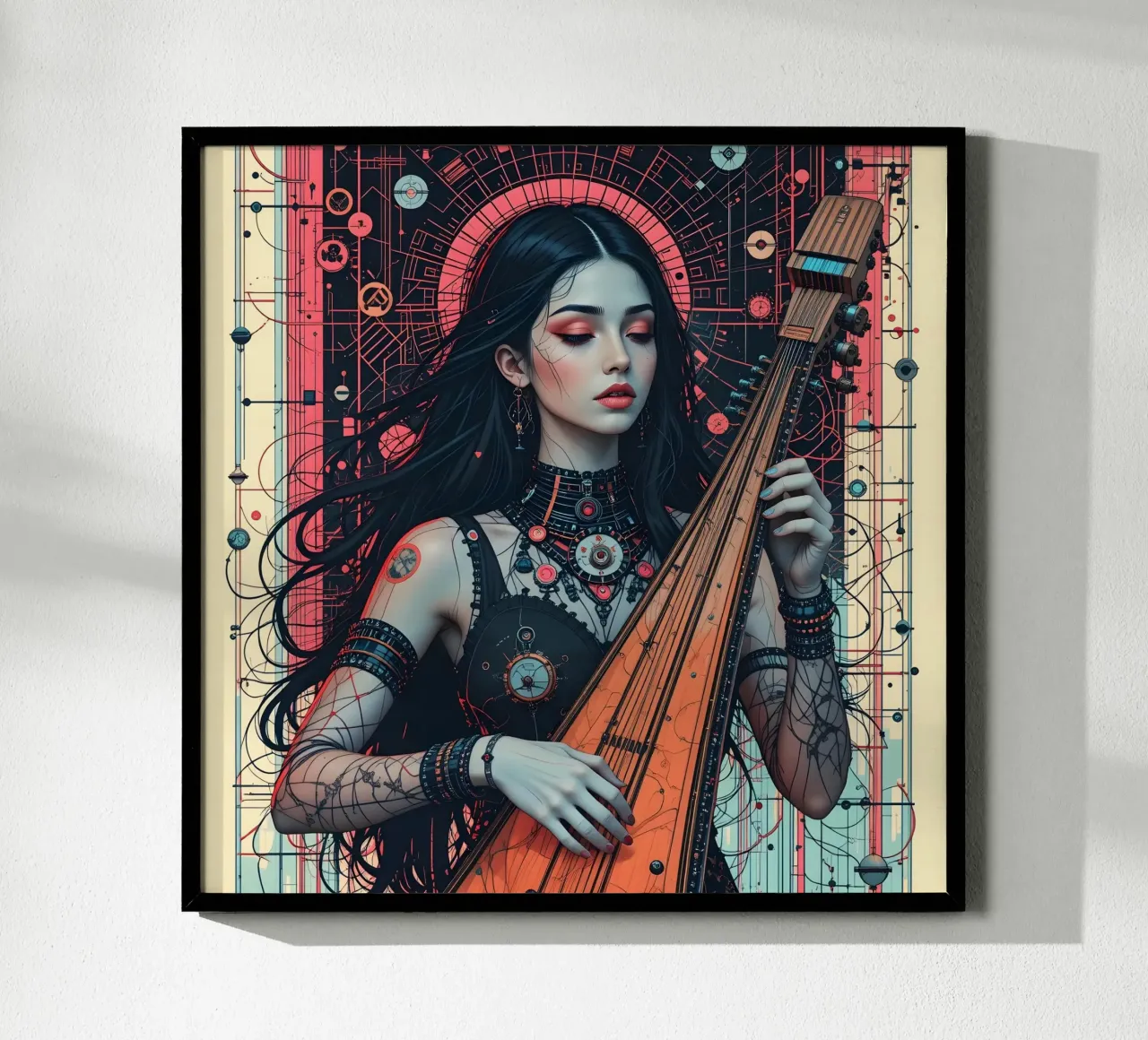 Donna e liuto poster con telaio in plastica da Massimo Frascogna