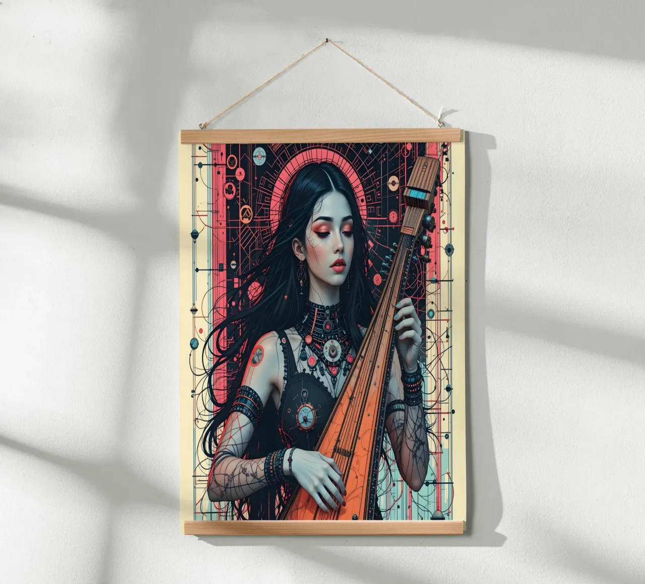 Donna e liuto poster con telaio in plastica da Massimo Frascogna