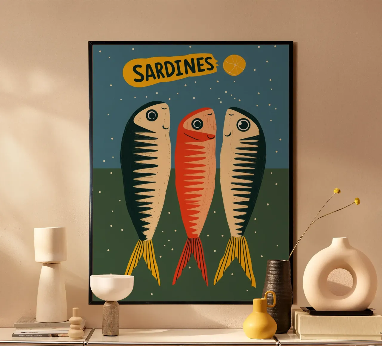 Sarde felici | Affascinante poster d'epoca poster con telaio in legno da Autofocus