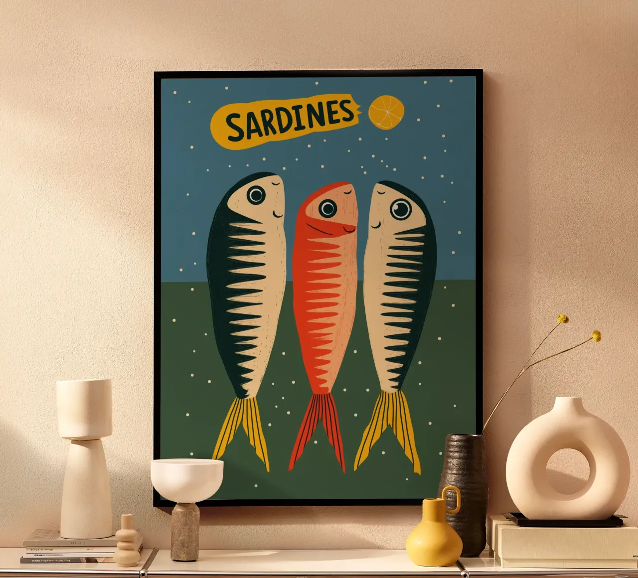 Sarde felici | Affascinante poster d'epoca poster con telaio in legno da Autofocus