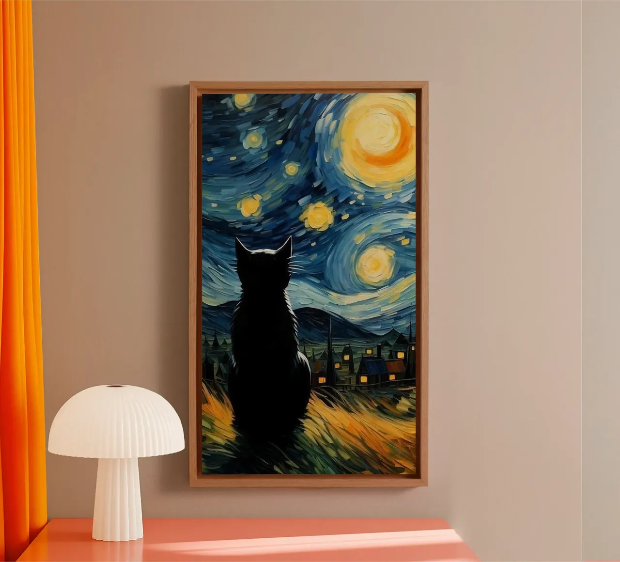 cat in nightlight tela con Cornice a cassetta da lily