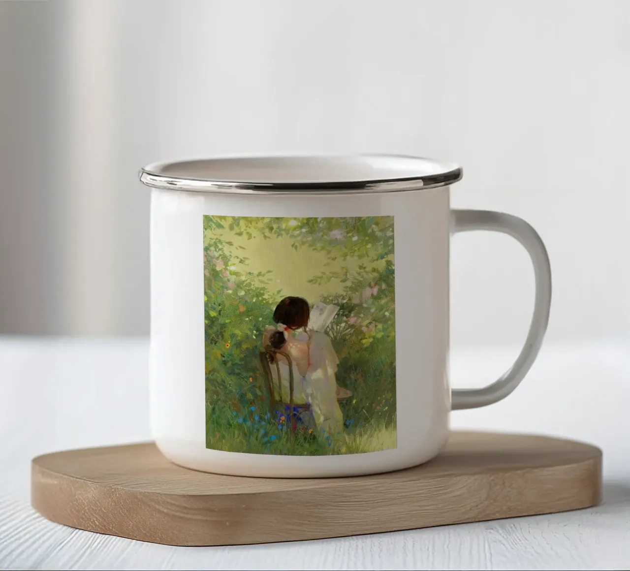 art girl with book tazza in smalto da Good days