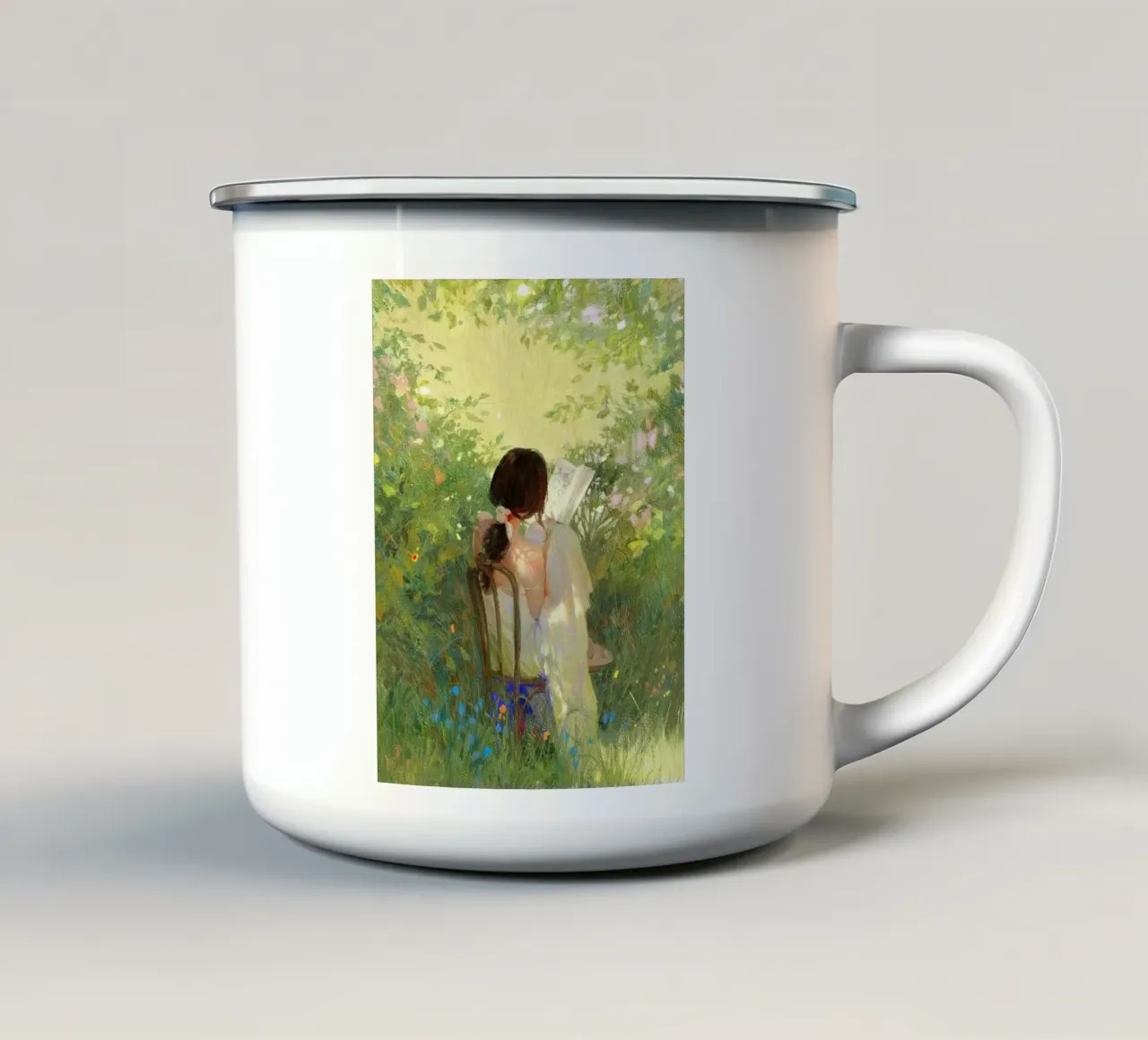 art girl with book tazza in smalto da Good days
