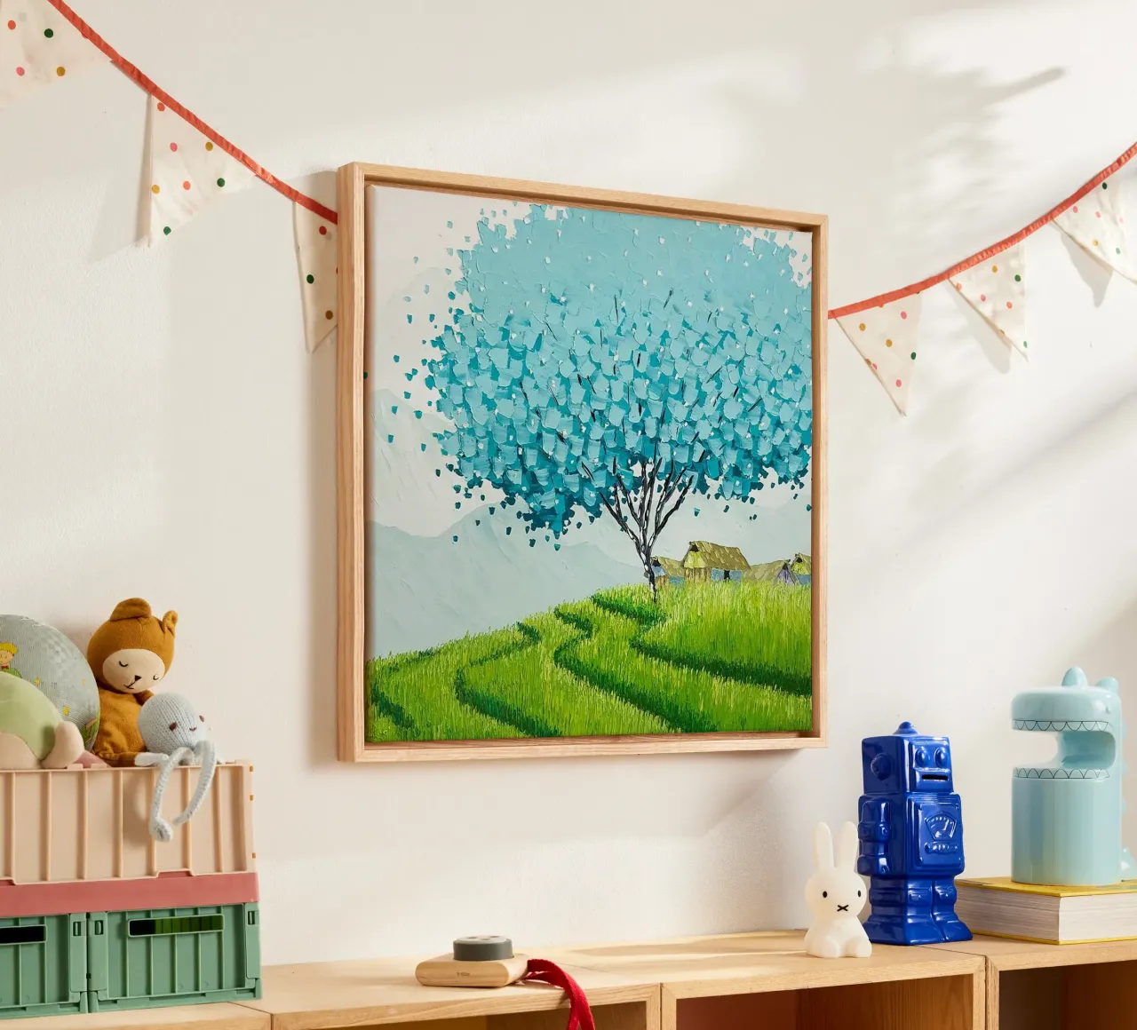 blue tree green grass canvas met Baklijst van kichin