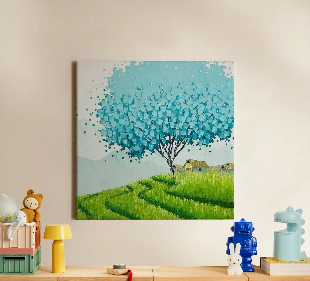 blue tree green grass canvas met Baklijst van kichin