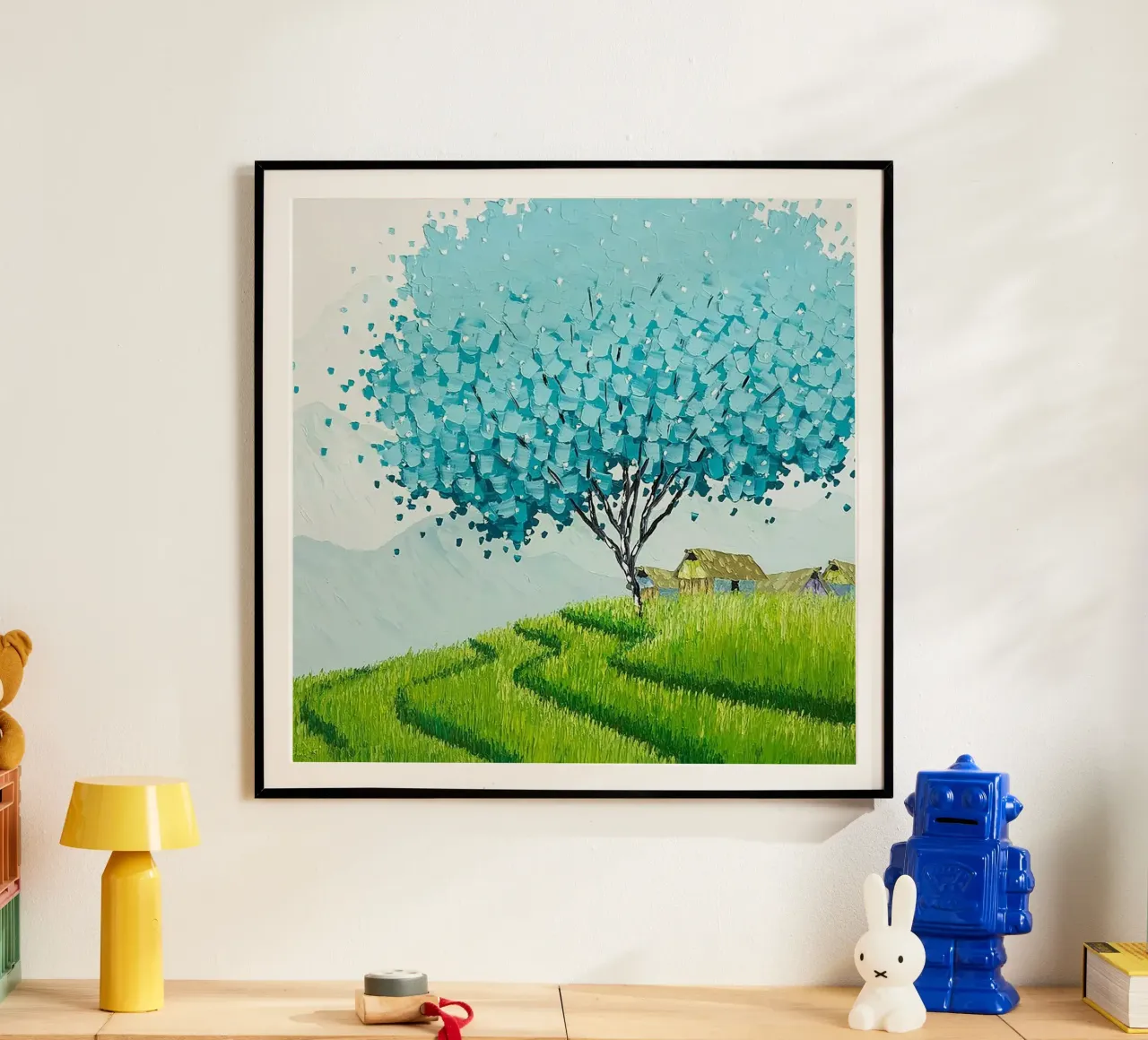 blue tree green grass poster con telaio in alluminio da kichin