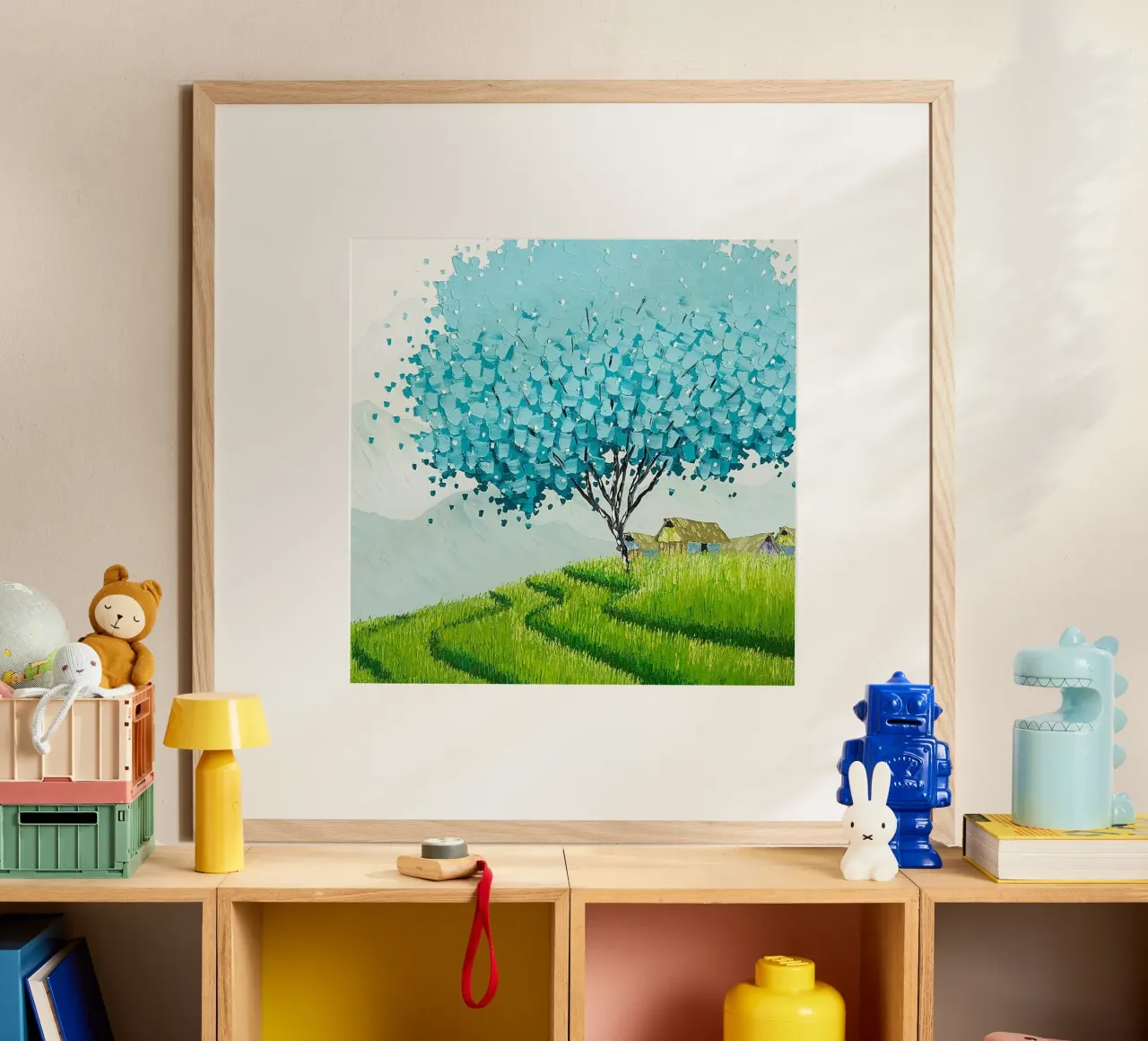 blue tree green grass poster con telaio in alluminio da kichin