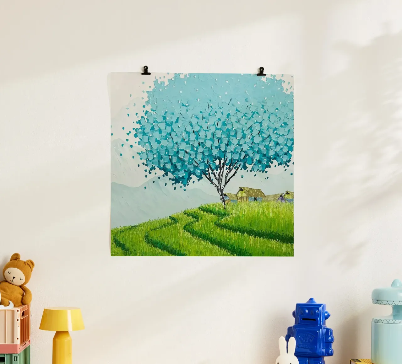 blue tree green grass poster con telaio in alluminio da kichin
