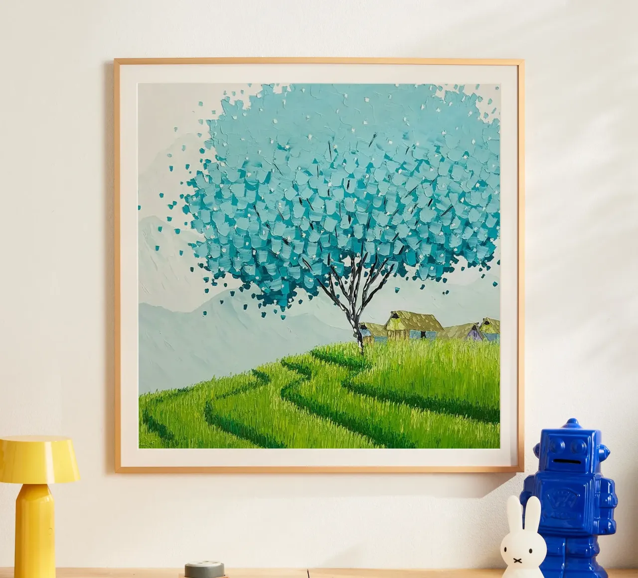 blue tree green grass poster con telaio in alluminio da kichin