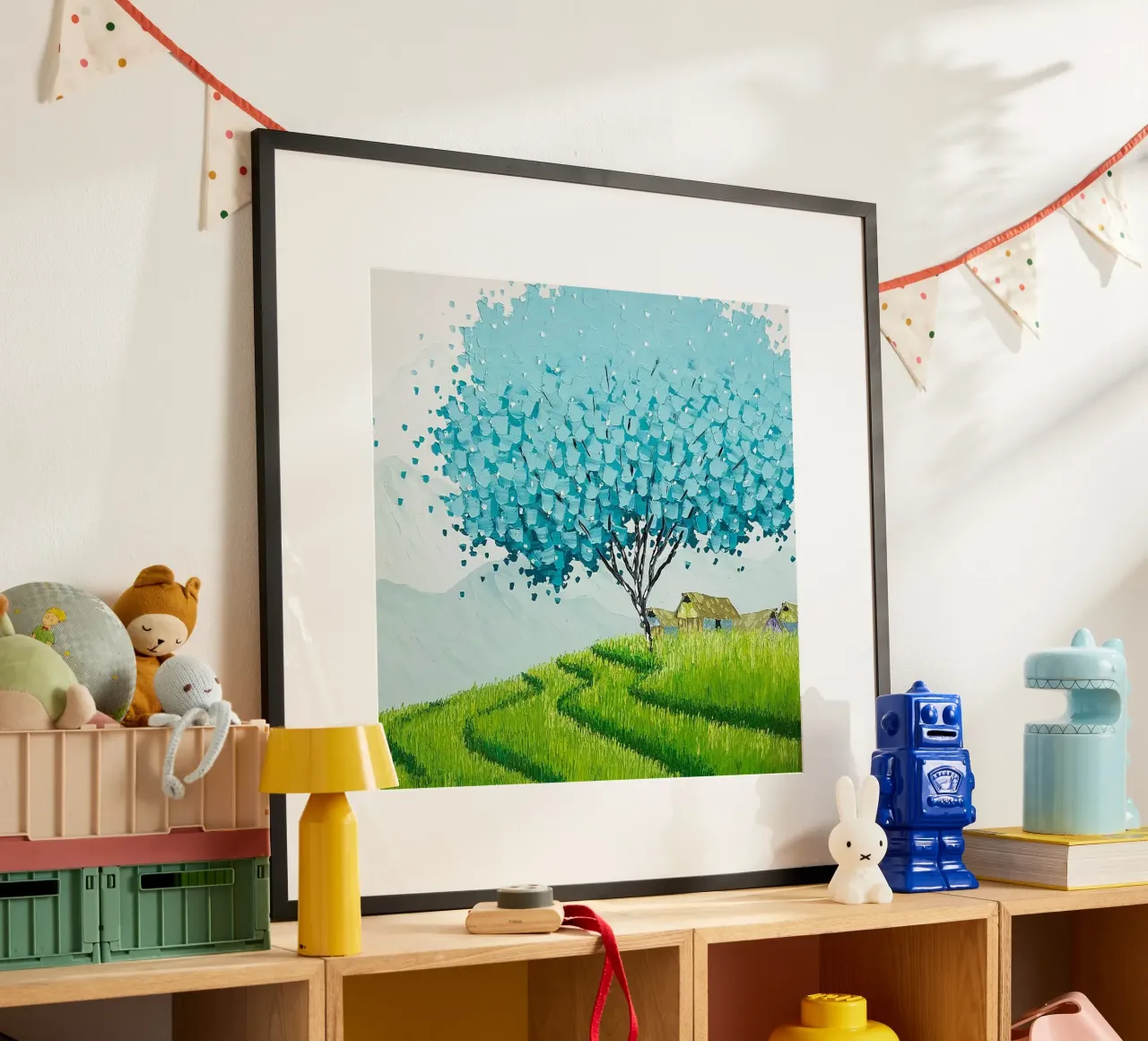 blue tree green grass poster con telaio in alluminio da kichin