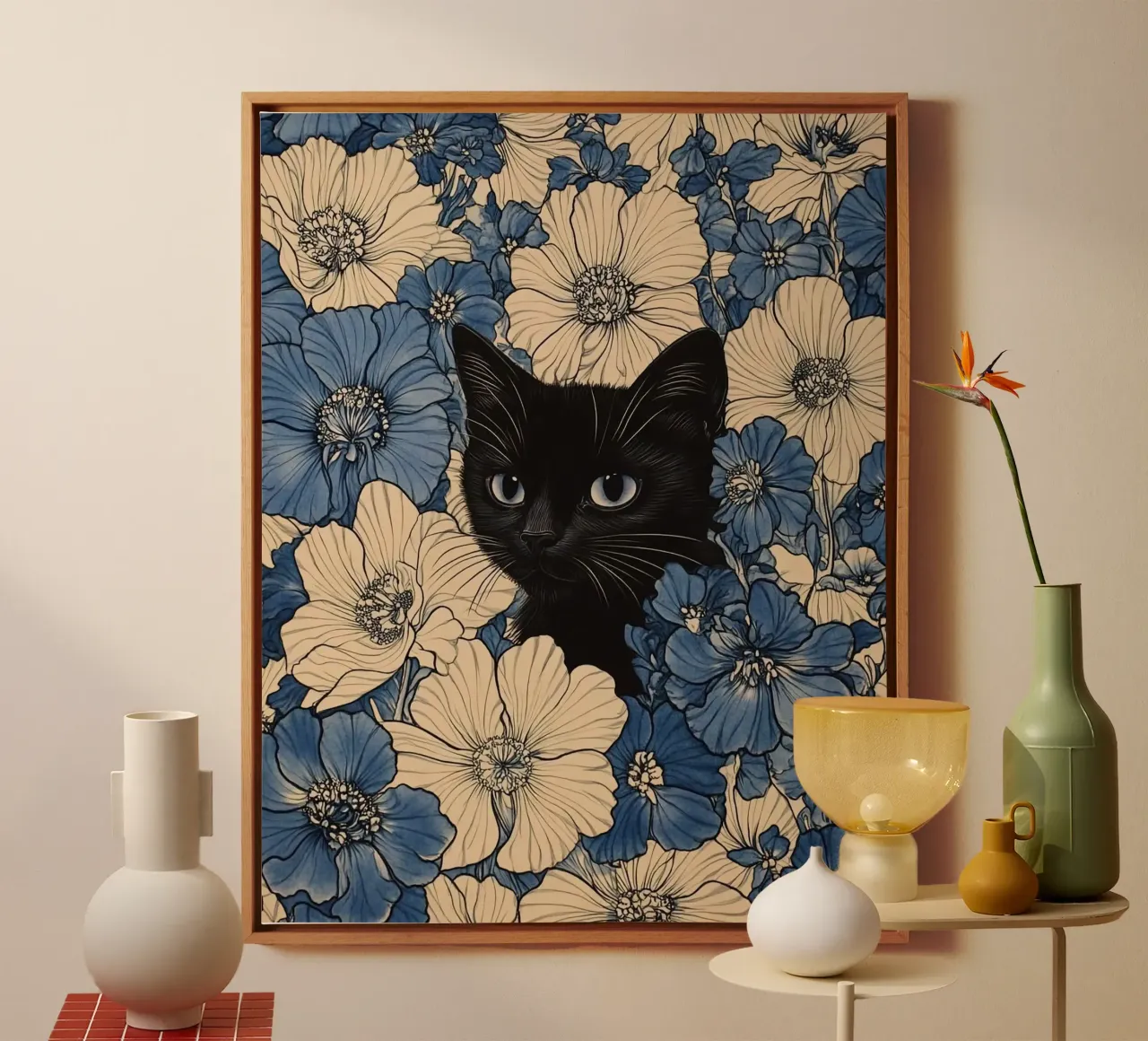 cat in flower canvas met Baklijst van kichin
