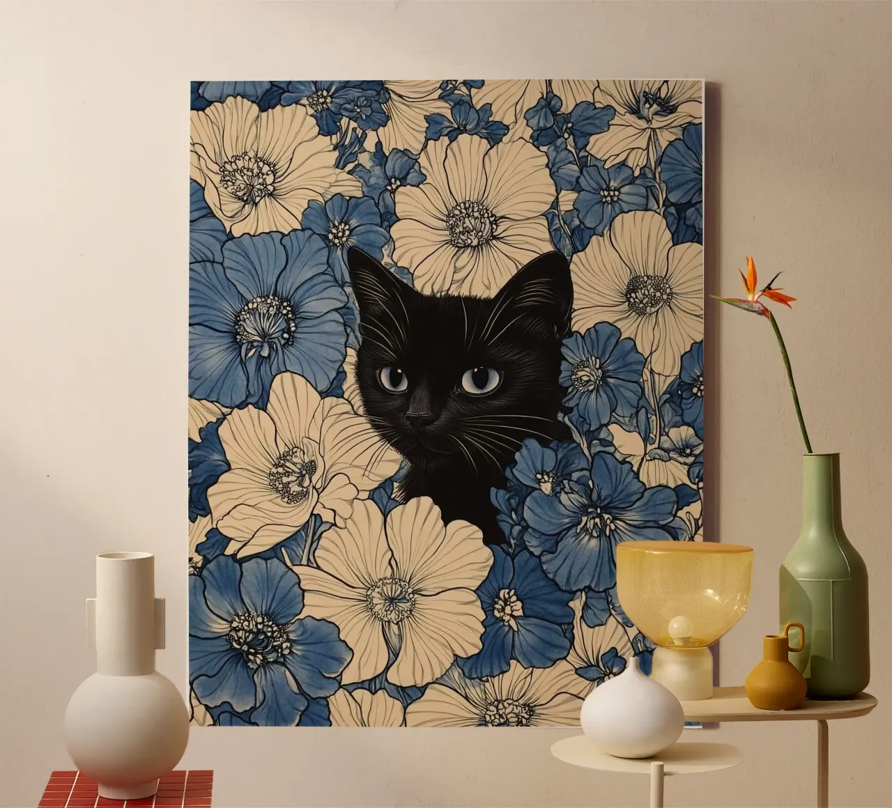 cat in flower canvas met Baklijst van kichin