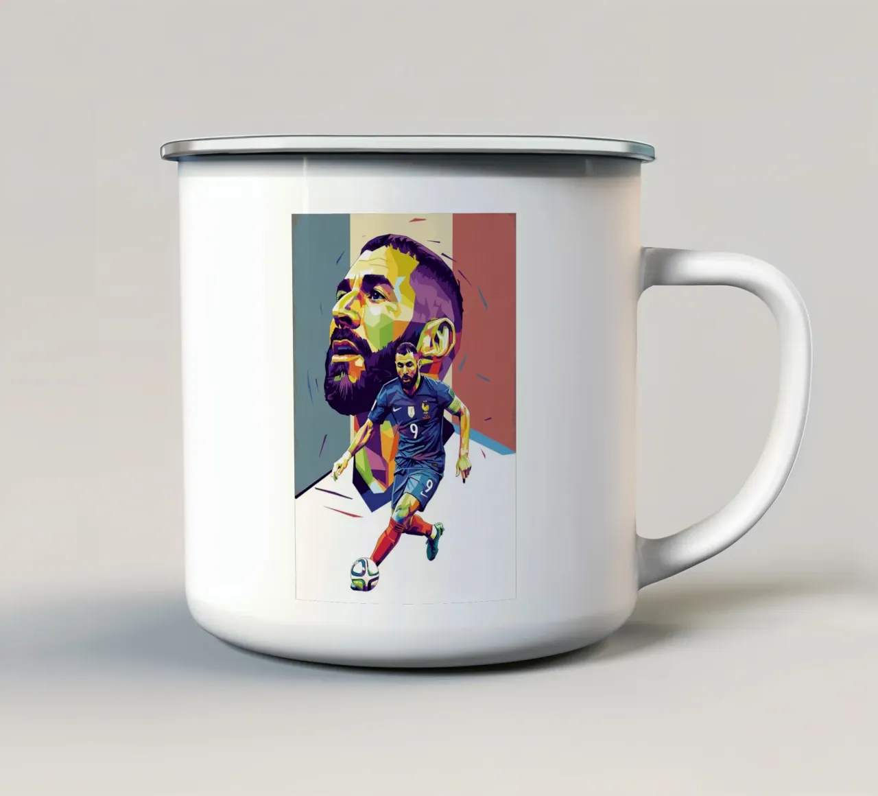 Ritratto pop art di Karim Benzema tazza in smalto da Hantamrata