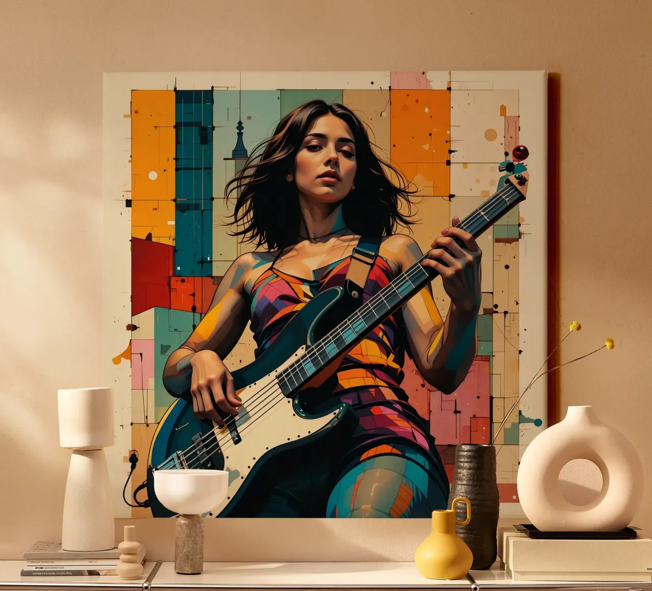 Vrouw en bas canvas met Baklijst van Massimo Frascogna