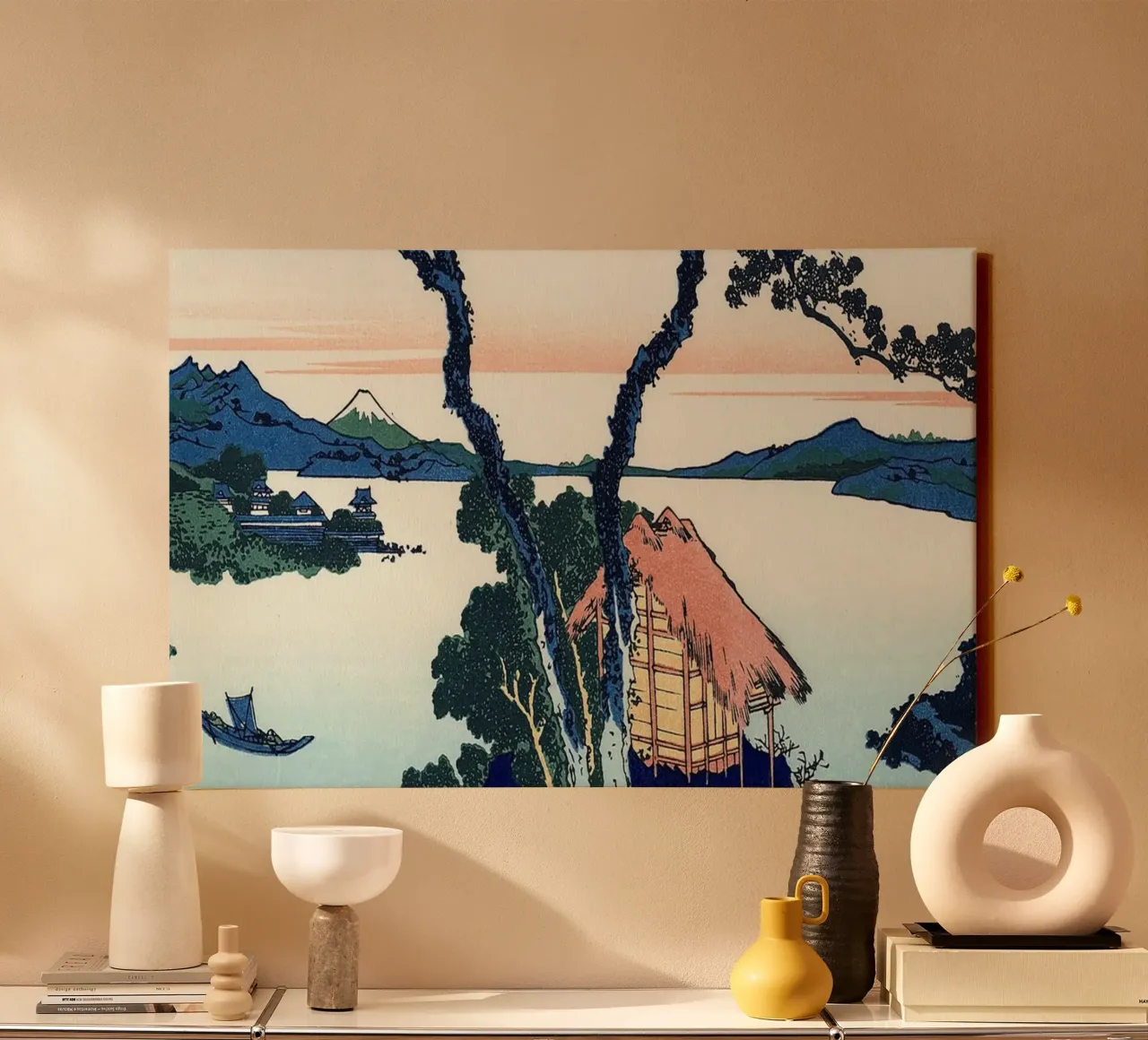 A View of Mount Fuji Across Lake Suwa canvas with Floater frame by Yorke Studio