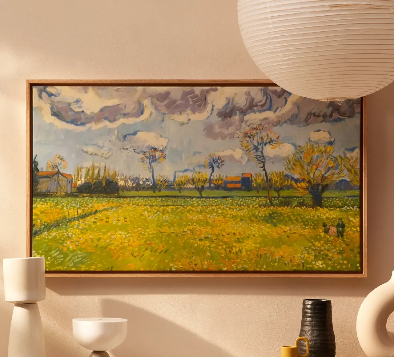 field with cloudy sun canvas with Floater frame by melts