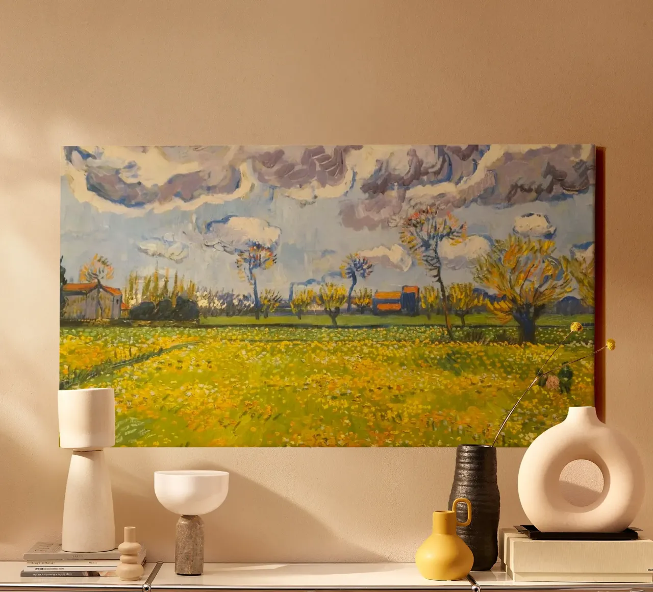 field with cloudy sun canvas with Floater frame by melts