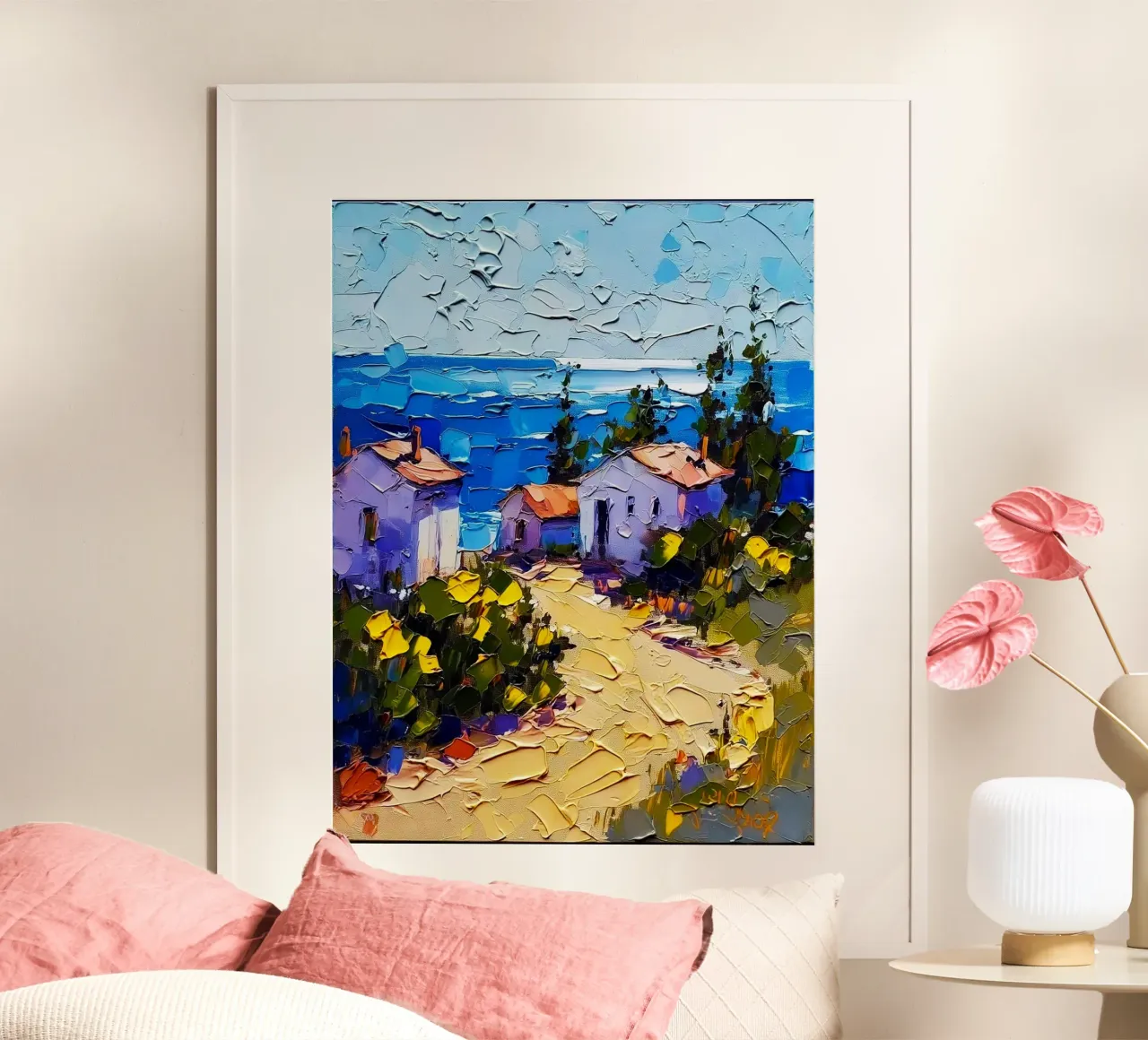 bright town in ocean poster con telaio in legno da hamily