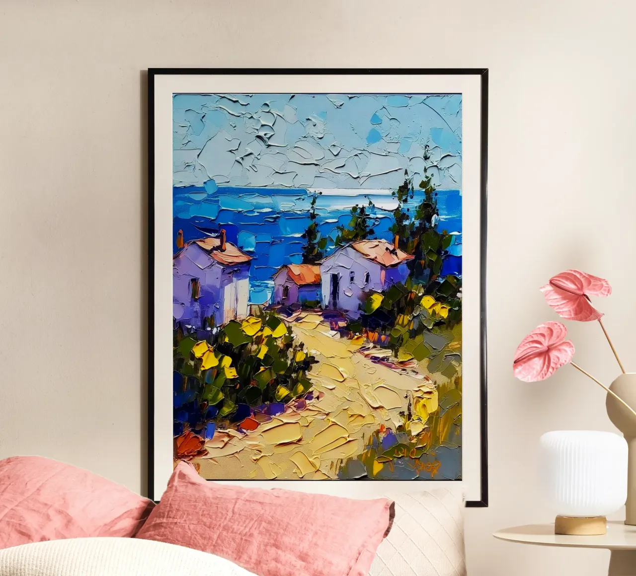 bright town in ocean poster con telaio in legno da hamily