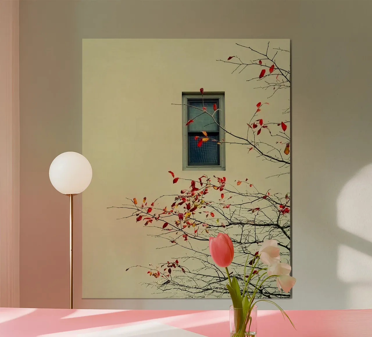 window with red leaf autumn poster de hamily