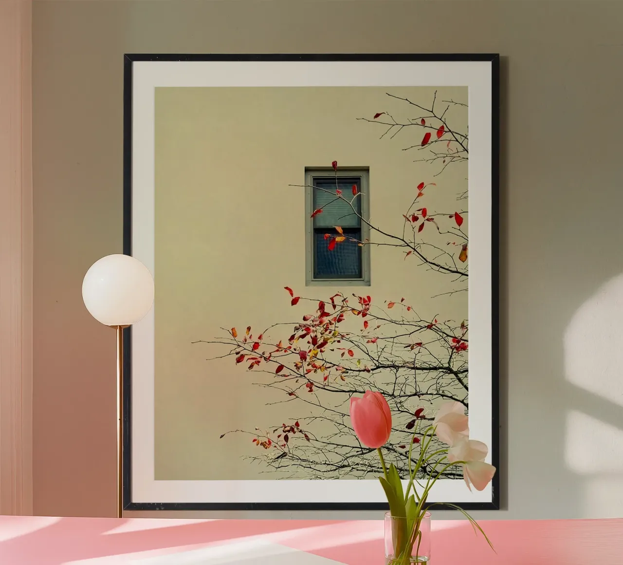 window with red leaf autumn poster de hamily